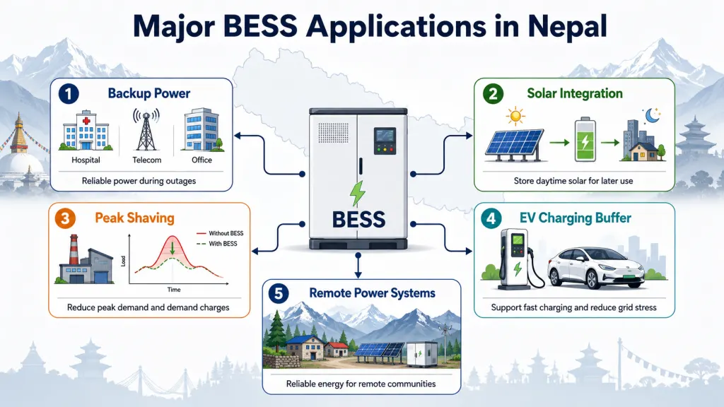 Diagram of five major BESS applications in Nepal: backup power, solar integration, peak shaving, EV charging buffer, and remote power systems