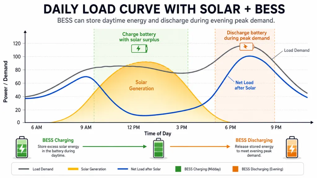 Daily load curve chart showing how BESS charges from midday solar surplus and discharges to cover the evening demand peak