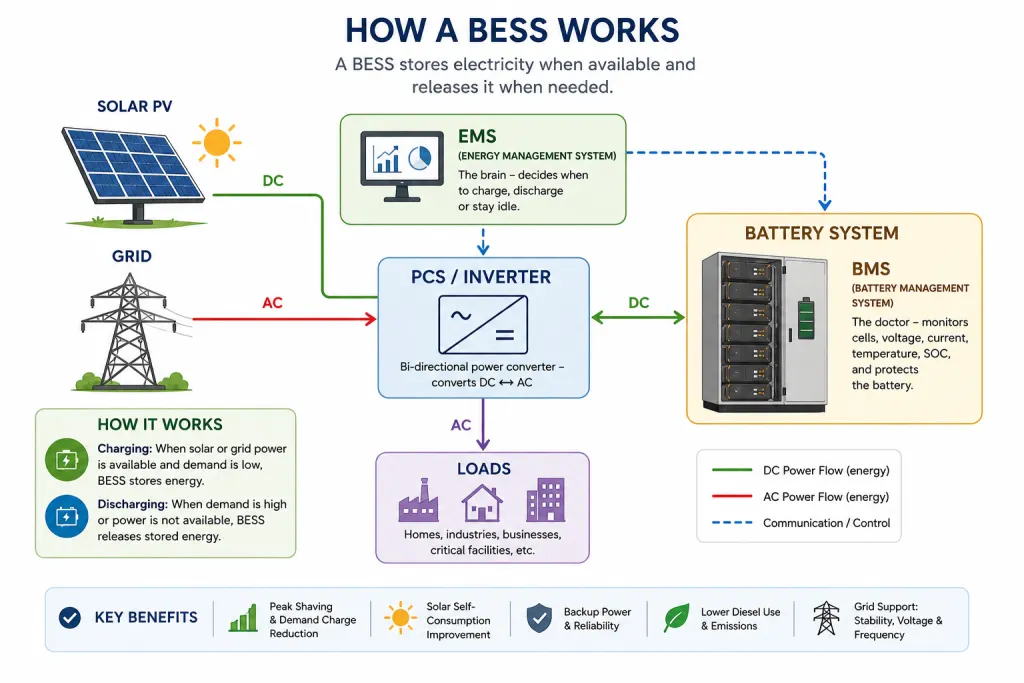 Simple Battery Energy Storage System block diagram showing solar, grid, PCS, battery, BMS, EMS, and load.