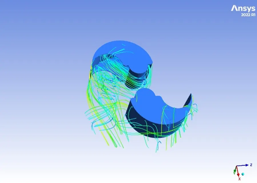 ANSYS CFD streamline visualisation showing airflow paths around the Harmony wind turbine's buckets