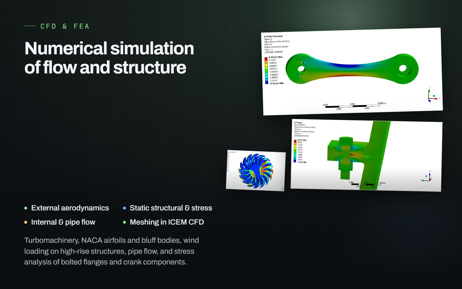 ANSYS CFX and FEA simulation results: turbine mesh, stress-contour plots on a flange and a crank